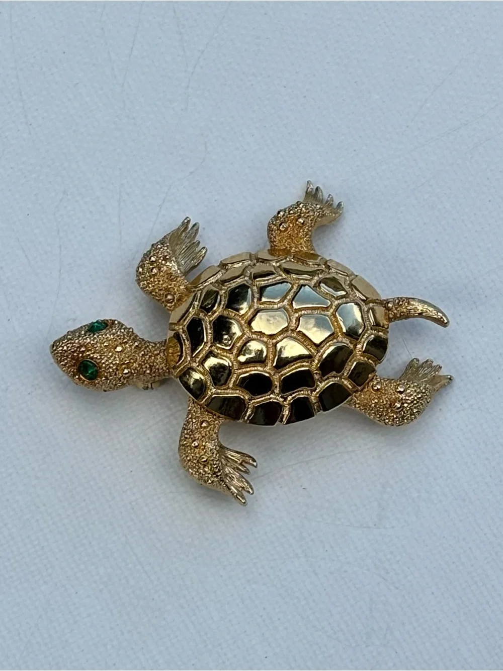 Monet Gold Turtle Brooch with Green Stone Eyes